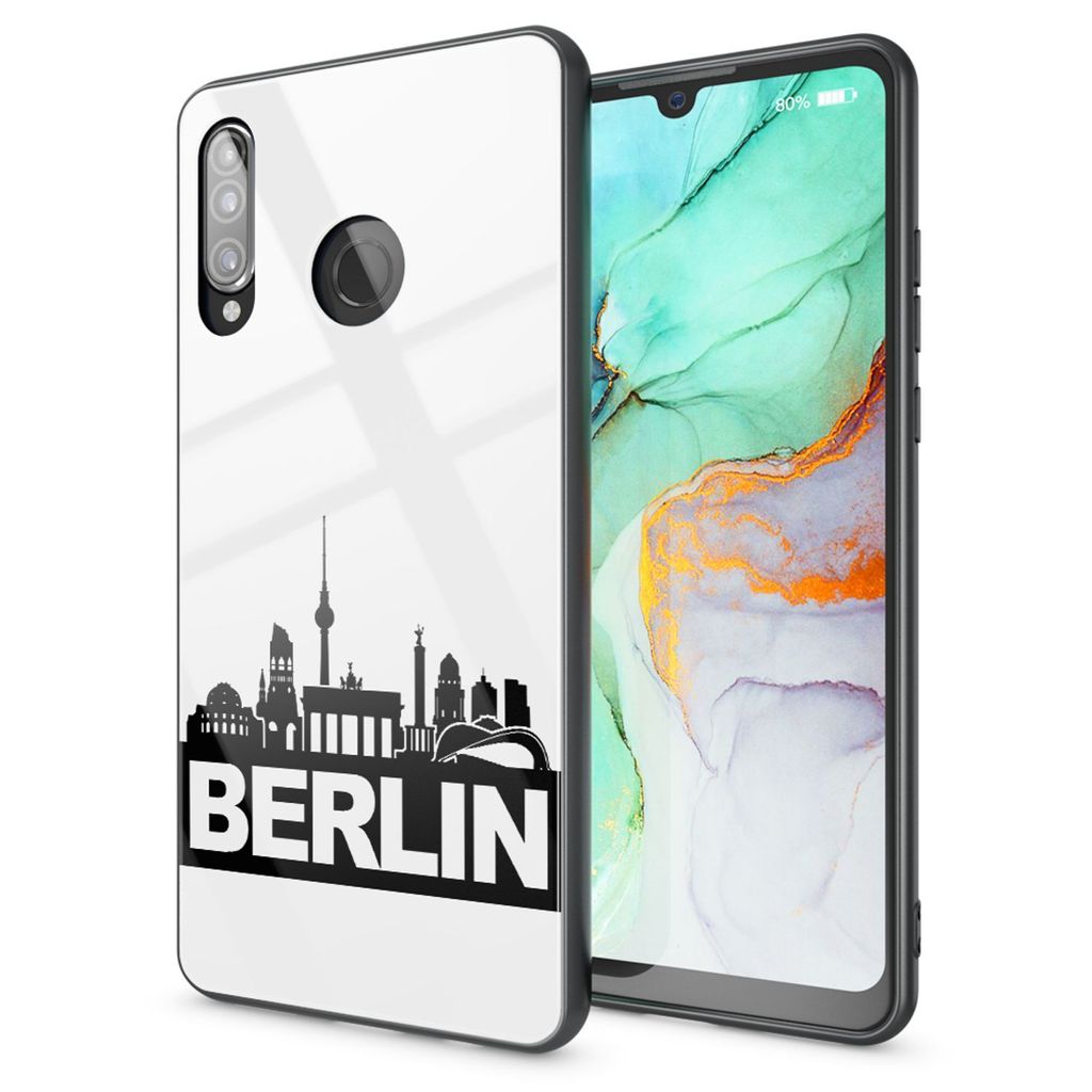 NALIA Motiv Handyhülle für Huawei P30 Lite, TPU Schutz Case Cover Tasche Bumper Etui Berlin Skyline Weiß