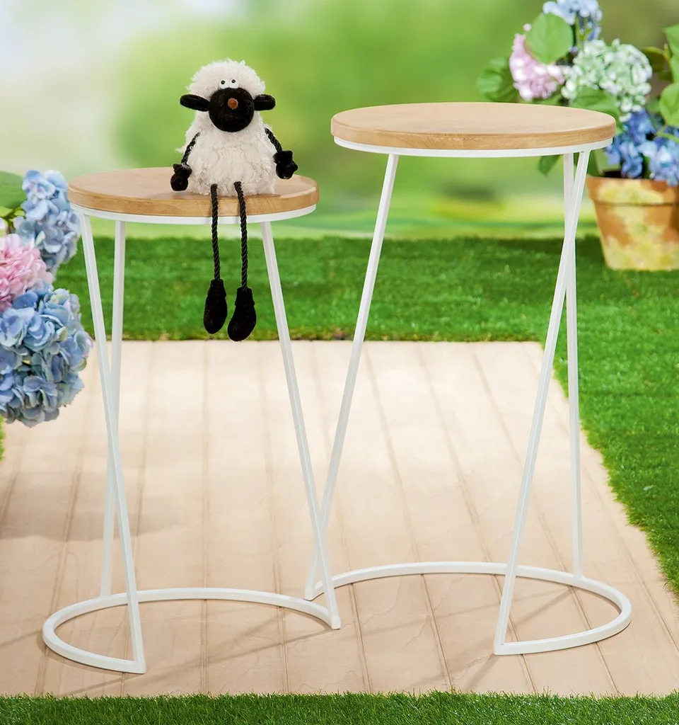 Set de 2 tables d'appoint Merida Gilde rondes métal blanc et bois 66 cm