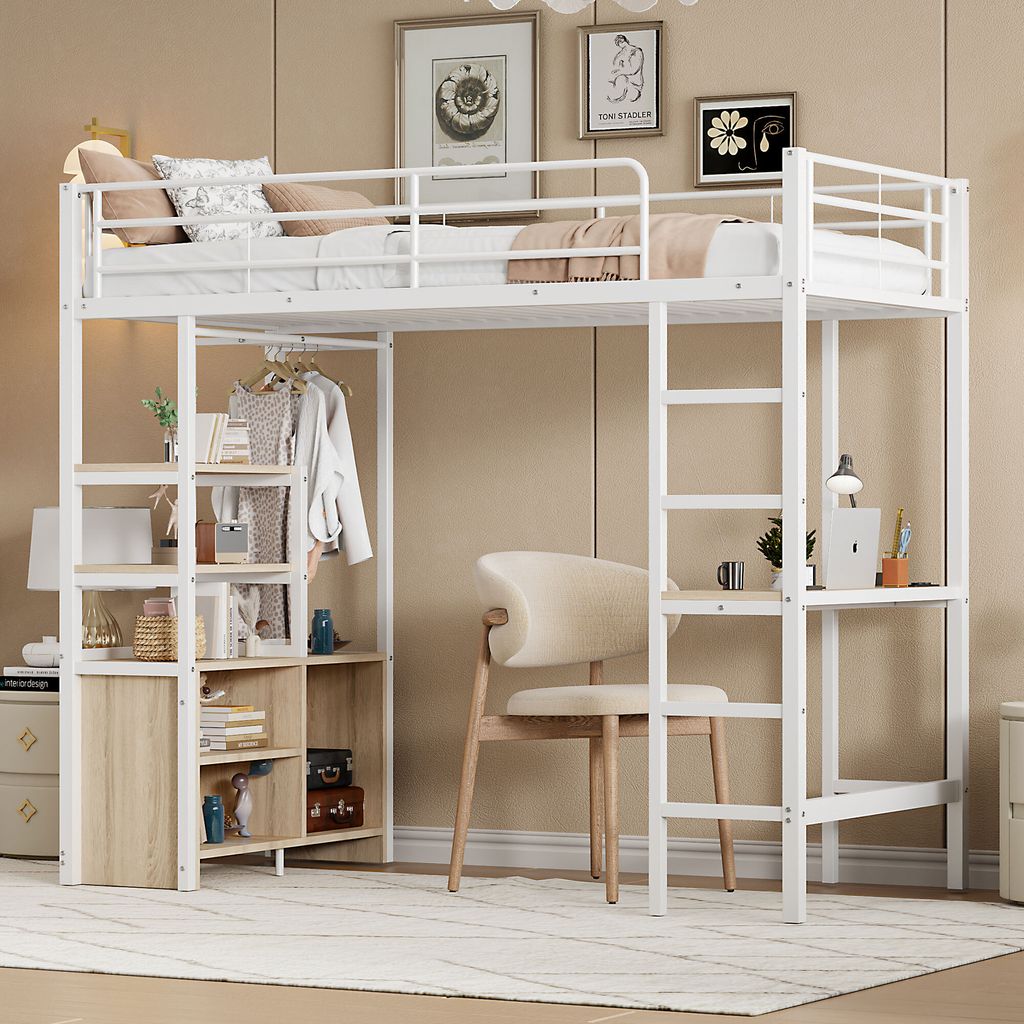 A loft bed with a desk and storage unit underneath, set up in a bedroom.