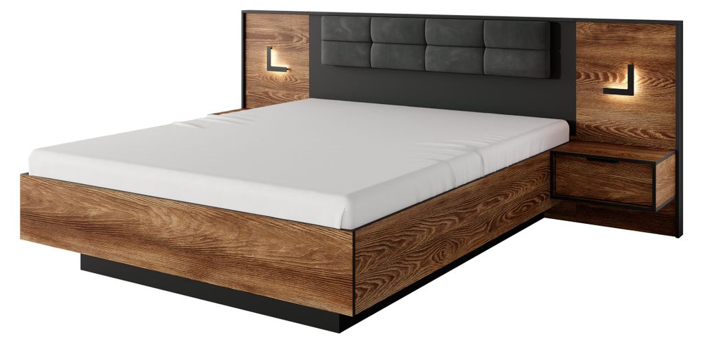 Bett 160x200 mit Nachttischen, Kastanie + Anthrazit, 264,2 x 102 x 210 cm