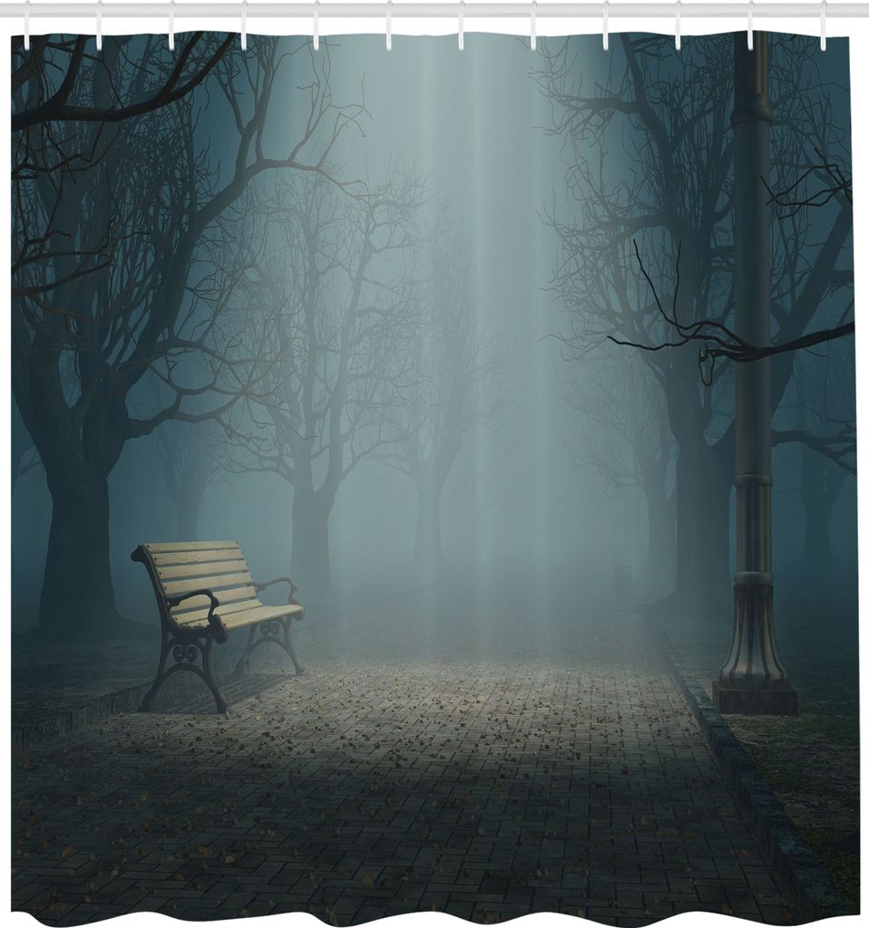 ABAKUHAUS Wald Duschvorhang, Bank Im Park Auf Dunkler Mysteriöser Nacht Furchtsamer Waldhorror Lebensraum Design, Stoffliches Gewebe Badezimmerdek...