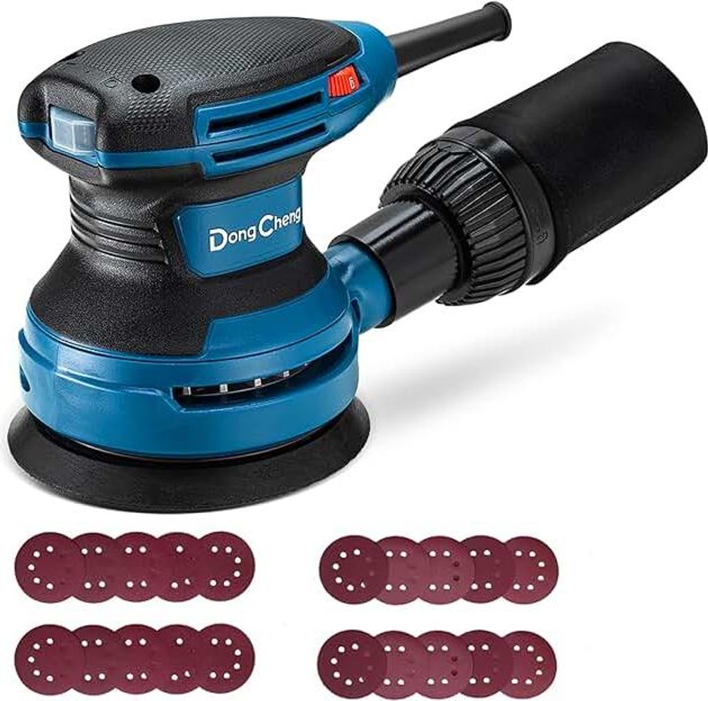 Exzenterschleifer 380W, 125mm Schleifmaschine, 6 Geschwindigkeiten 8,000-12,800 U/min mit Staubfangbehälter und 20 Schleifpapier, ideal für profe...