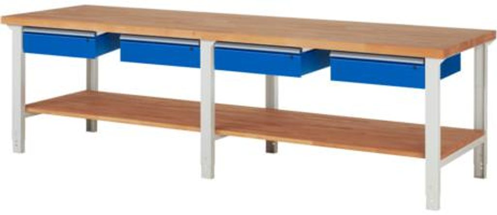 Werkbank mit Ablageboden - 4 Schubladen - 150:4 - höhenverstellbar 790 - 1.140 mm - 3.000 x 900 mm (BxT) - Traglast 750 kg - Buche