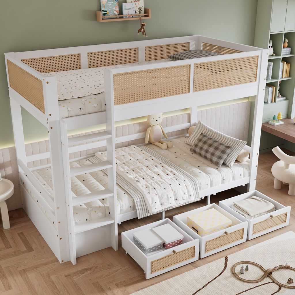 okwish Etagenbett 90x200cm mit Sichere Bettgitter,Kinderbett mit rausfallschutz,Stauraumbett mit 3Schubladen auf Rollen,Weiß+Natur