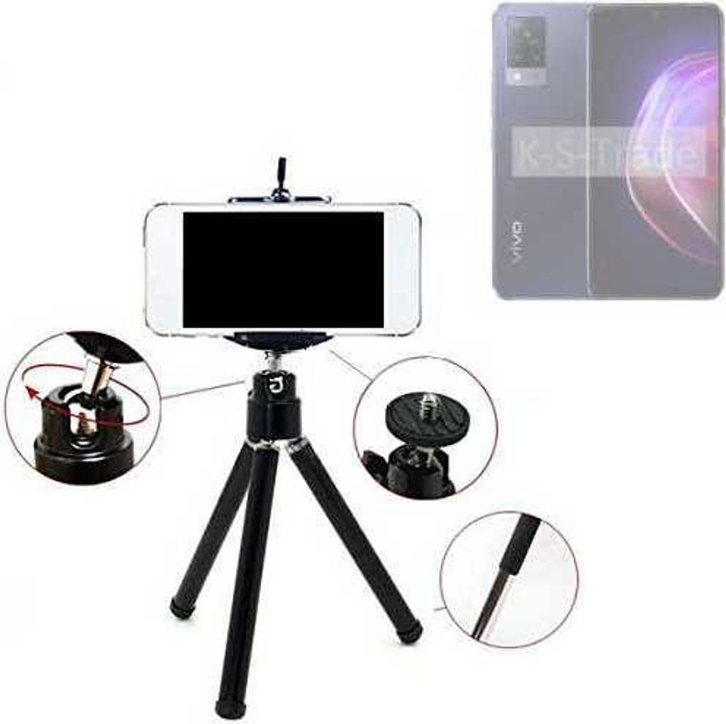 K-S-Trade Smartphone Stativ Dreibein kompatibel mit Vivo V21 5G Tripod aus Aluminium Klemmstativ Stativ Adapter für Mobiltelefone schwarz 1x