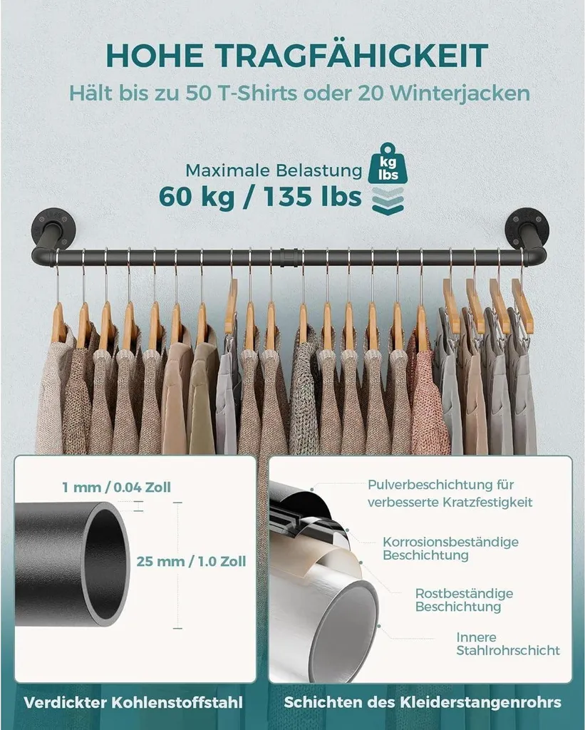 Barre de penderie murale 97cm acier noir design industriel chic