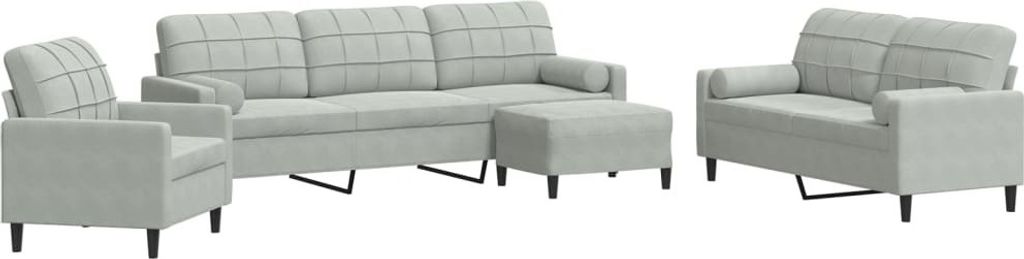 4-tlg. Sofagarnitur mit Kissen und Nackenrollen Hellgrau Samt
