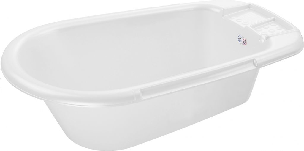 A white baby bathtub is shown from a slightly elevated side angle against a white background.