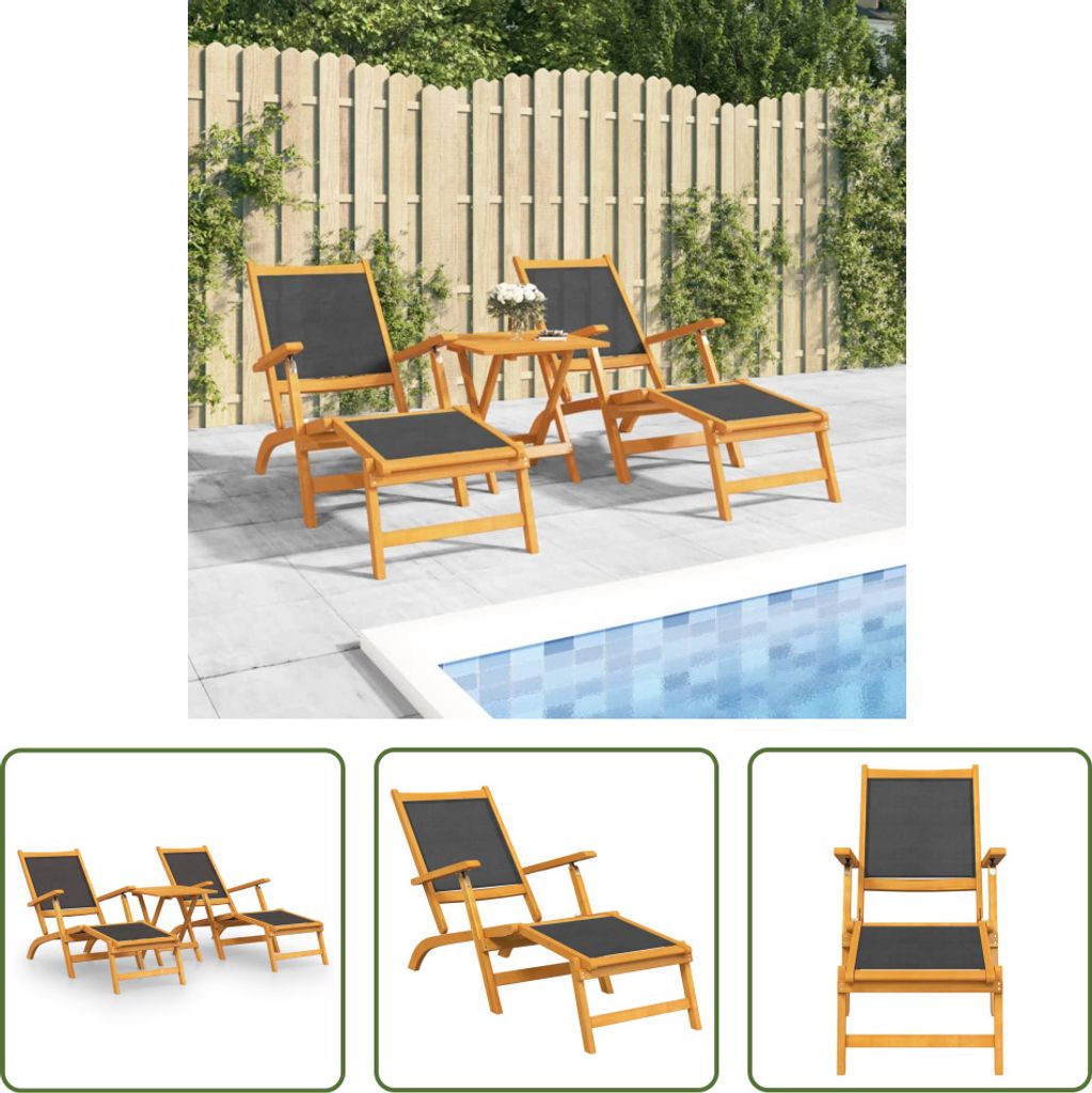 The Living Store Garten-Liegestühle mit Tisch Massivholz Akazie und Textilene
