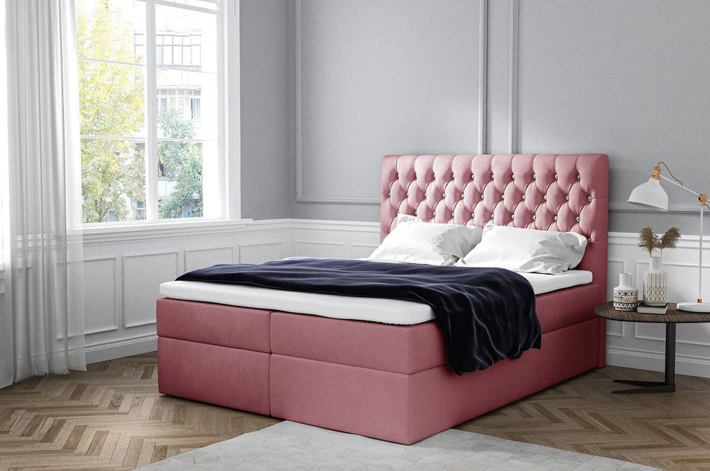 Elegantes Polsterbett mit Aufbewahrung Mandy rosa 200 x 200 + Gratis-Topper