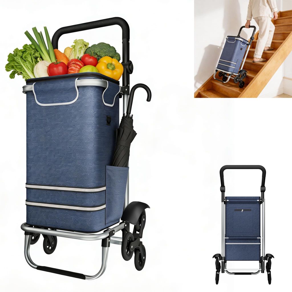 CEEDIR Einkaufstrolley klappbar 56L, 3in1 Transportwagen Sackkarre und Umhängetasche,stabiler Einkaufwagen mit Treppensteiger-Design,Blau