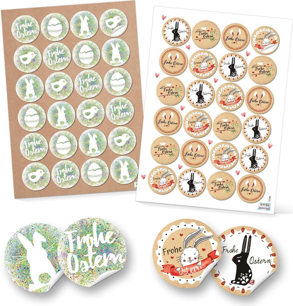 Set 48 Frohe Ostern Aufkleber Osterhase Osterdeko bunt Osteretiketten rund Verpackung Kindergeschenke Geschenke Give-Away beige rot weiß grün rot