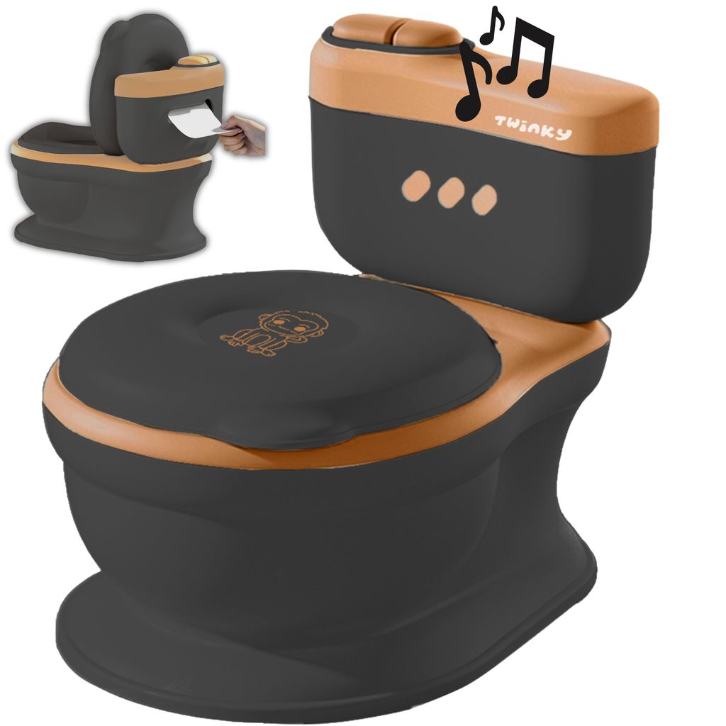 A children's potty training toilet with a musical flush button and a toilet roll holder.