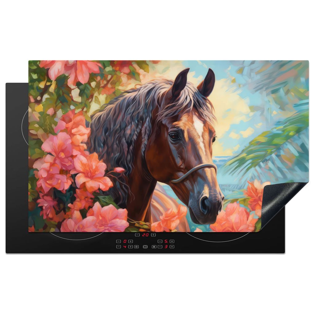 KitchenYeah Herdabdeckplatte Pferd - Blumen - Tiere - Orange , 83x51cm, Küche Deko, Glaskeramikkochfeld Herdabdeckung, Abdeckplatte fùr Kochfeld
