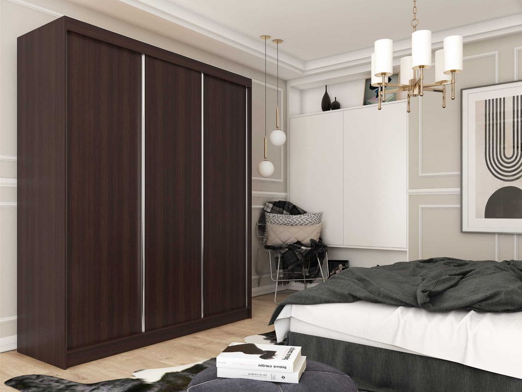 AGMAT Schwebetürenschrank Inari, Kleiderschrank mit 3 Türen und 2 Schubladen, Moderne Garderobe in Farbe: Wenge, Schrank in Größe: 180 x 216 x ...