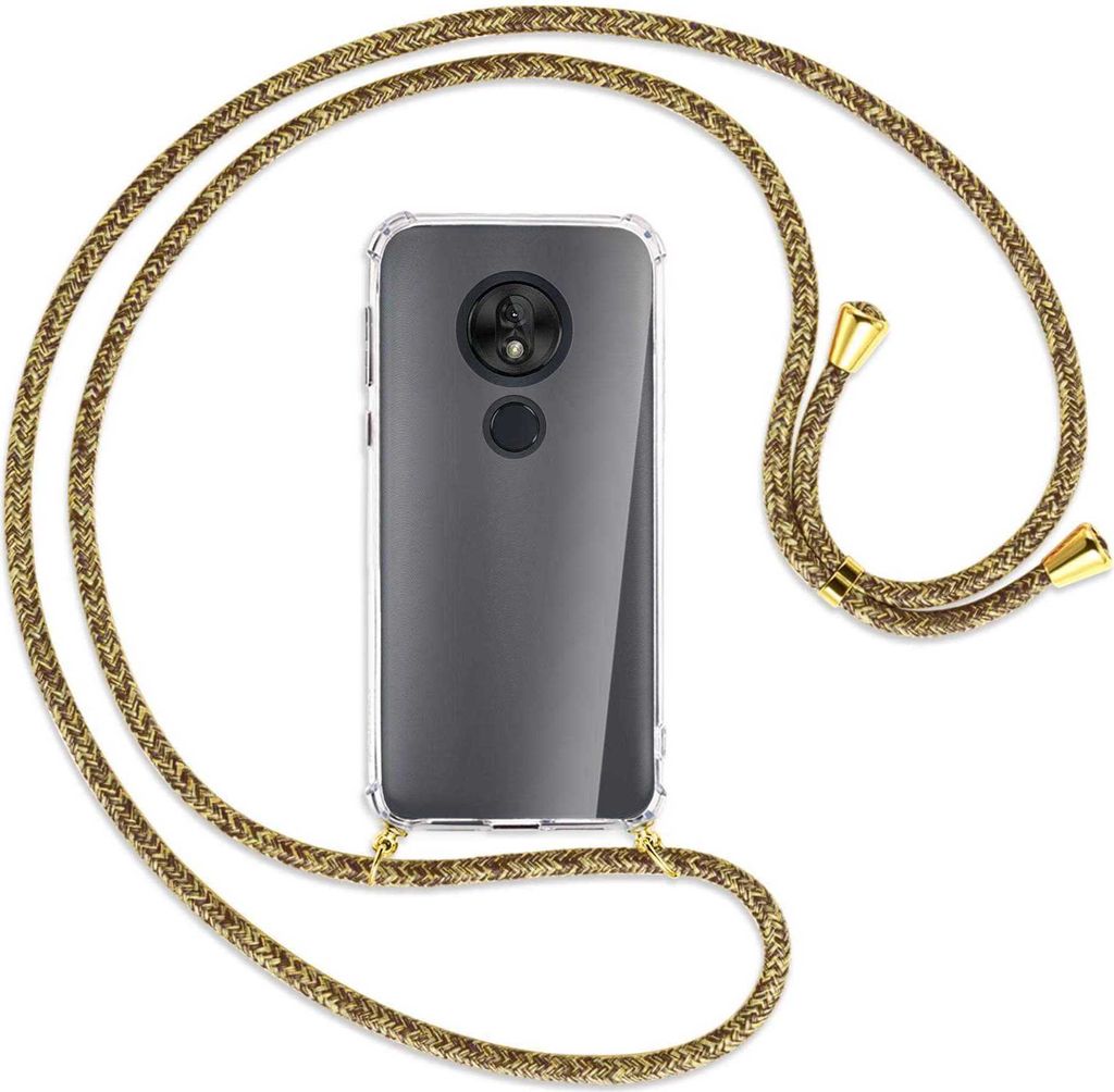 Handykette Backcover-Schutzhülle mit Band (Metall goldfarben) für Motorola Moto G7 Play - braun+beige