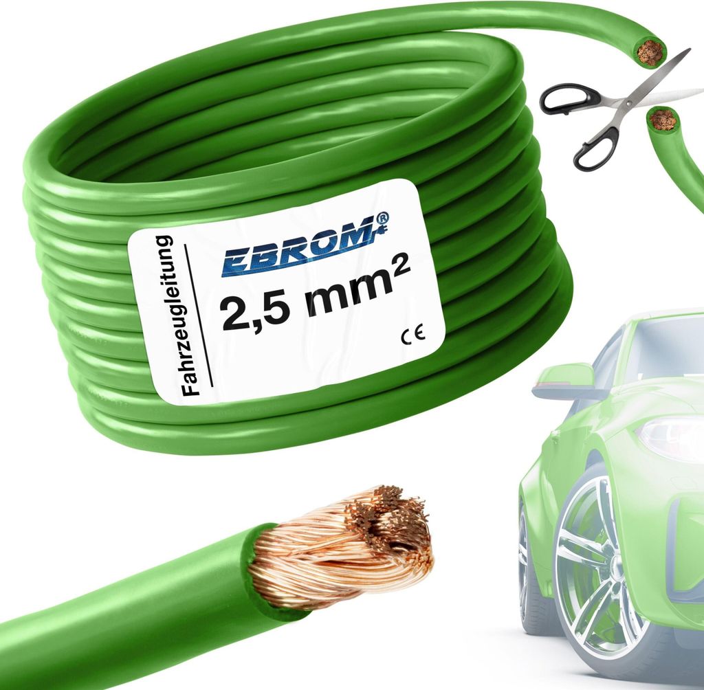 25 Meter EBROM FLRY 2,5mm2 Fahrzeugleitung - KFZ Leitung - Farbe: grün - Querschnitt 2,5 mm² (mm2) flexibel 90 ± 5 Shore 99,99% Kupfer Mantel PV...