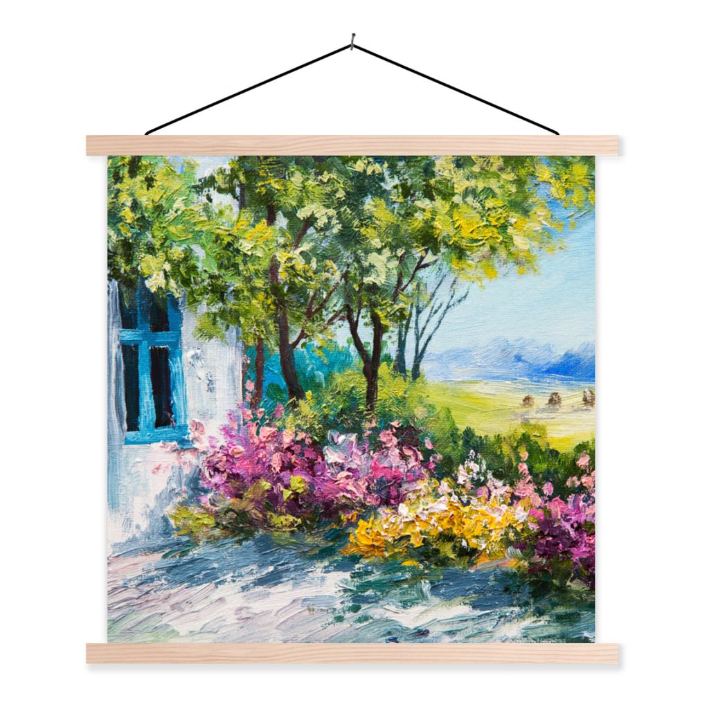 MuchoWow Textilposter Malerei - Pflanzen - Blumen - Haus - Öl 40x40 cm mit holzfarbenen Rahmen - Posterleiste