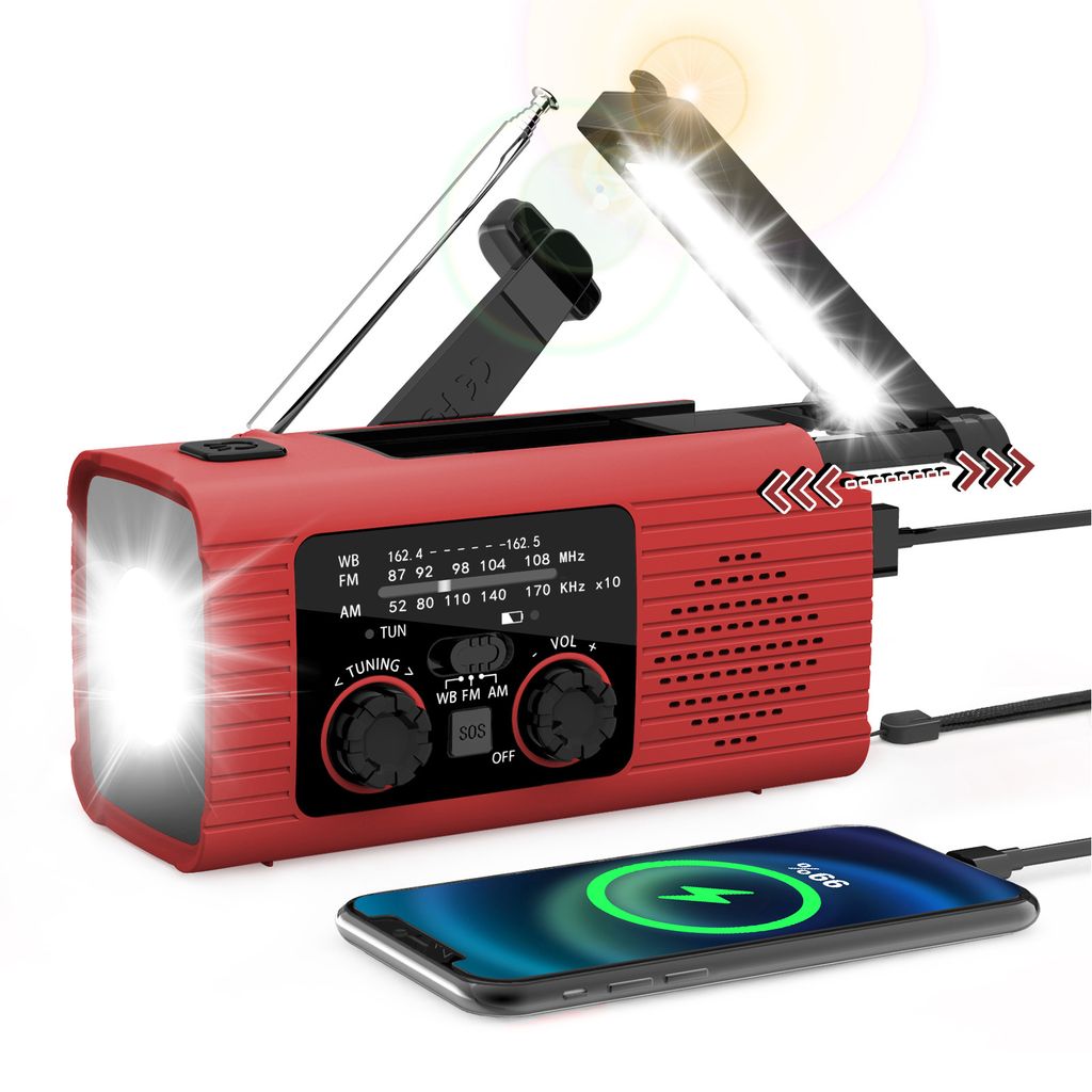 Tragbares Solar- und Handkurbelradio AM/FM - 4000mAh, rot