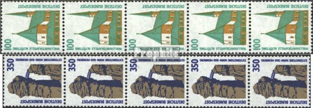 Briefmarken BRD (BR.Deutschland) 1989 Mi 1406A R II-1407A R II Fünferstreifen (kompl.Ausg.) postfrisch Sehenswürdigkeiten