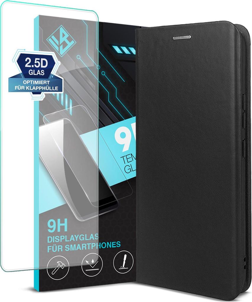 Handyhülle für Samsung Galaxy A16 / A16 5G mit 9H Displayglas Echtleder Flip Cover Hülle Case Kartenfach RFID Schutz Farbe: Schwarz