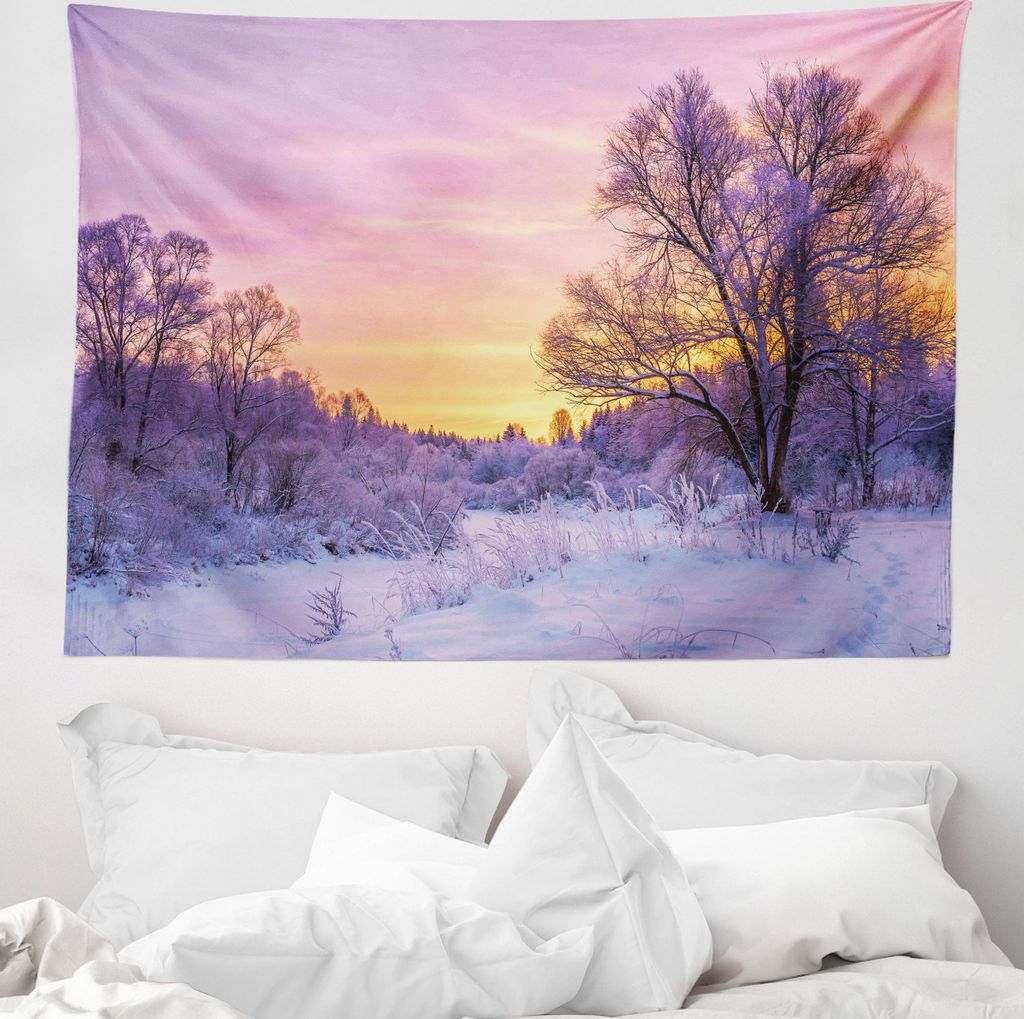 ABAKUHAUS Winter Wandteppich, Landschaft mit Sonnenuntergang aus Weiches Mikrofaser Stoff Waschbar ohne Verblassen Digitaldruck, 150 x 110 cm, Wei...