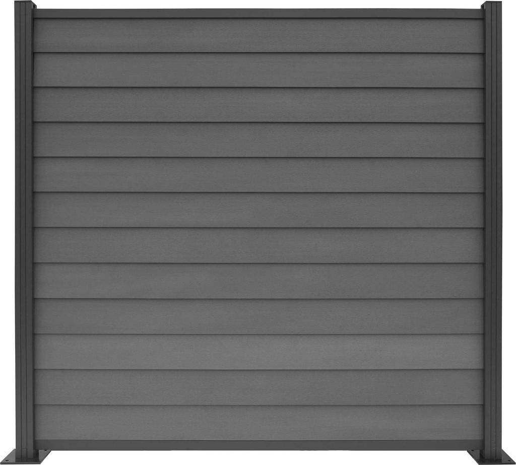 A close-up, front-facing view of a gray fence panel.