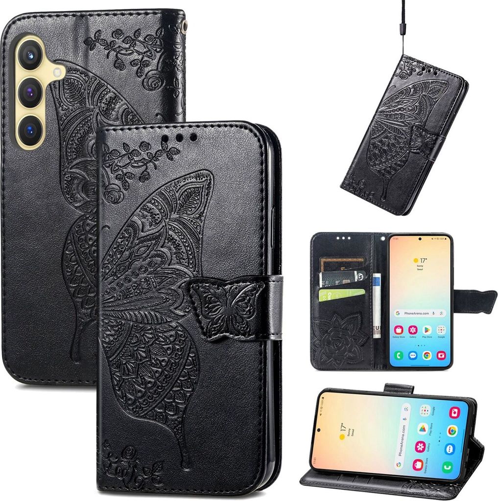 Für Samsung Galaxy S25 5G Kunstleder Wallet Handy Tasche Schmetterling Design Hülle Etuis Schwarz