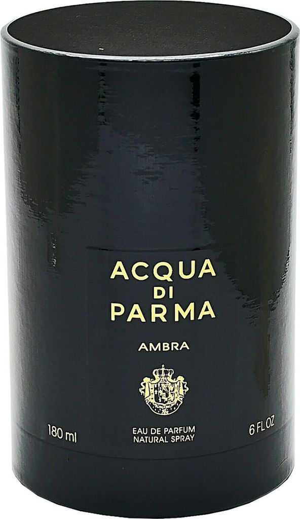 A cylindrical black packaging for Acqua di Parma Ambra Eau de Parfum.