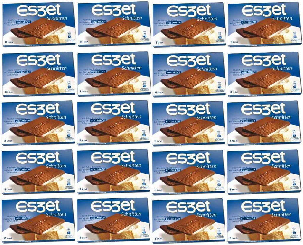 A grid of Eszet Schnitten chocolate bars on a white background.