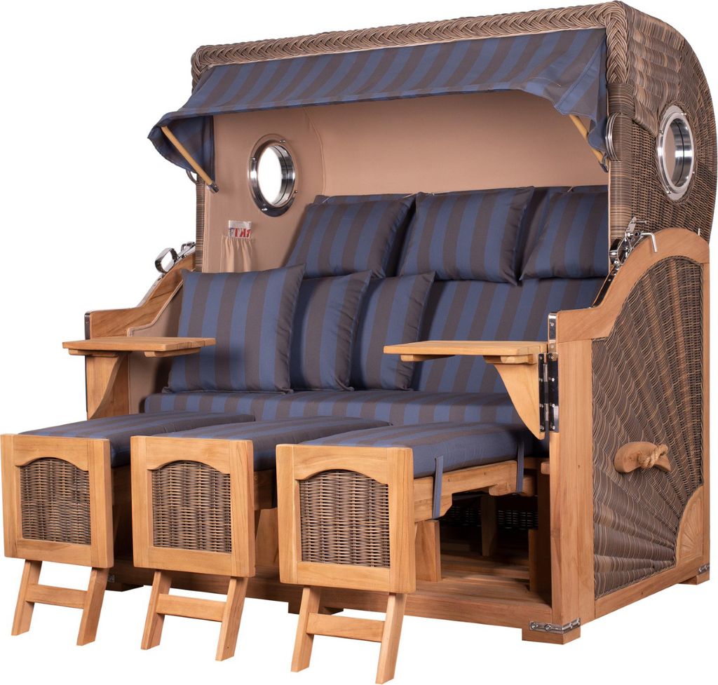 Strandkorb - bene living - Ammersee Grande XXL Teak Bullauge - PE grau - Modell 582 - 3-Sitzer inkl. Liftersystem