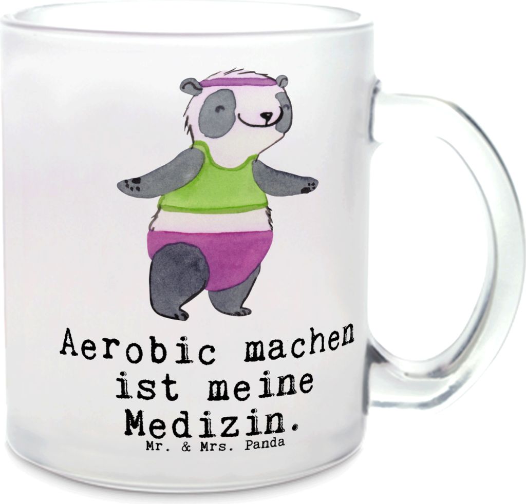 Mr. & Mrs. Panda Teetasse Glas Panda Aerobic - Transparent - Geschenk, Pott, Henkelbecher, Trinkglas, Häferl, Tee Tasse, Fitness, Fitnessstudio