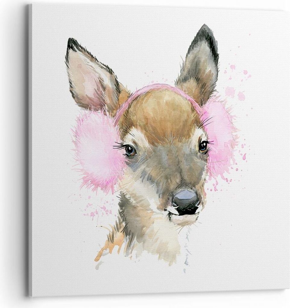 Bild auf Leinwand - Leinwandbild - Hirsch Ohrenschützer Bunt Winter - 70x70cm - Wand Bild - Wanddeko - Leinwanddruck - Bilder - Kunstdruck - Wandd...