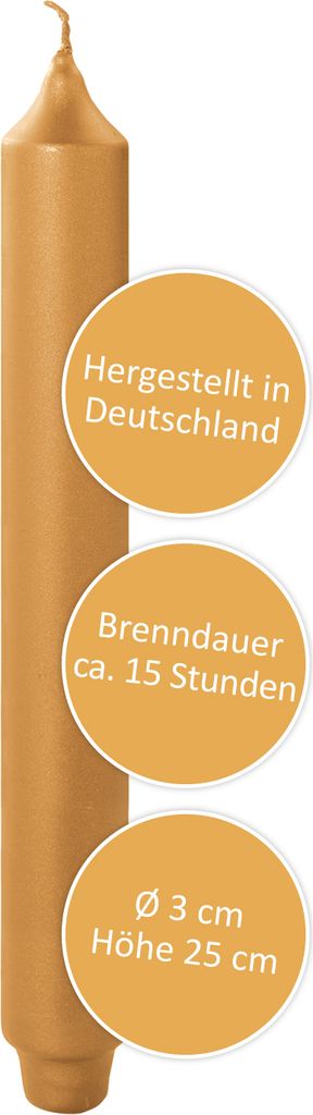 Fink CANDLE, metallic Stabkerze, Paraffin, goldfarben, L. 3 cm, B. 3 cm, H. 25 cm, D. 3 cm 123264