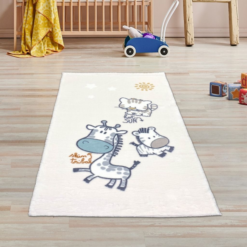 Weicher Kinderzimmer Teppich mit Tier muster in creme Größe - 80 x 150 cm