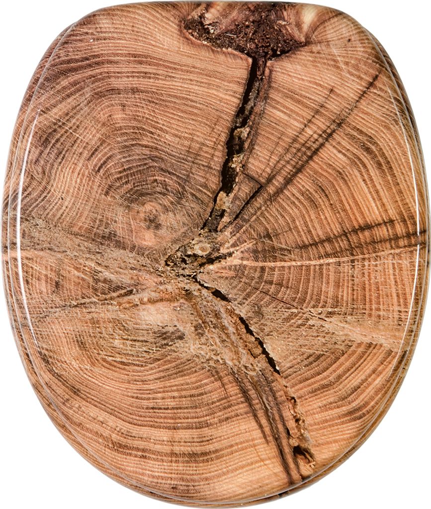 A top-down view of a toilet seat with a wood grain pattern.