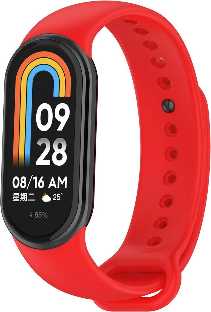 A red smart band with its screen displaying the time, date, and weather information.