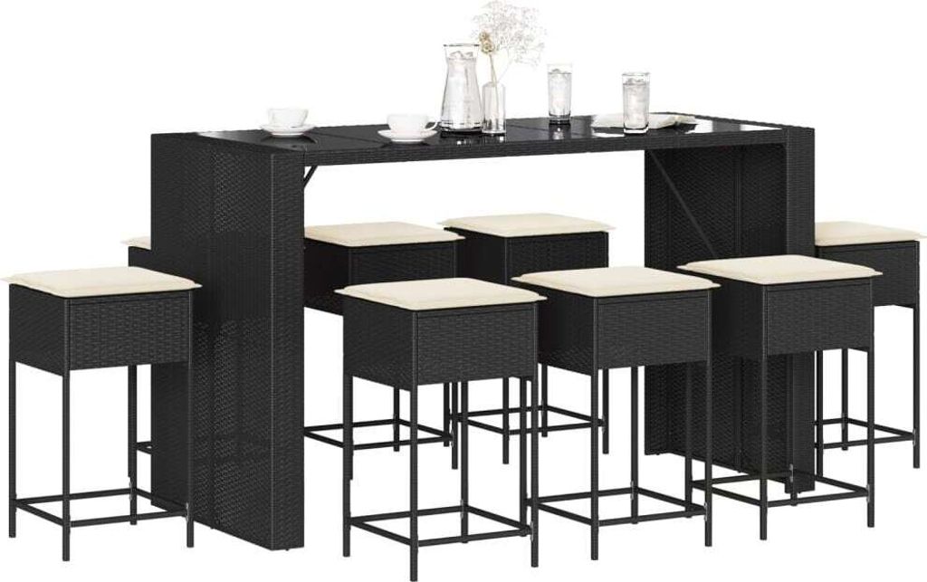 CLORIS 9-tlg. Gartenbar-Set mit Kissen Schwarz Poly Rattan Produktbild 