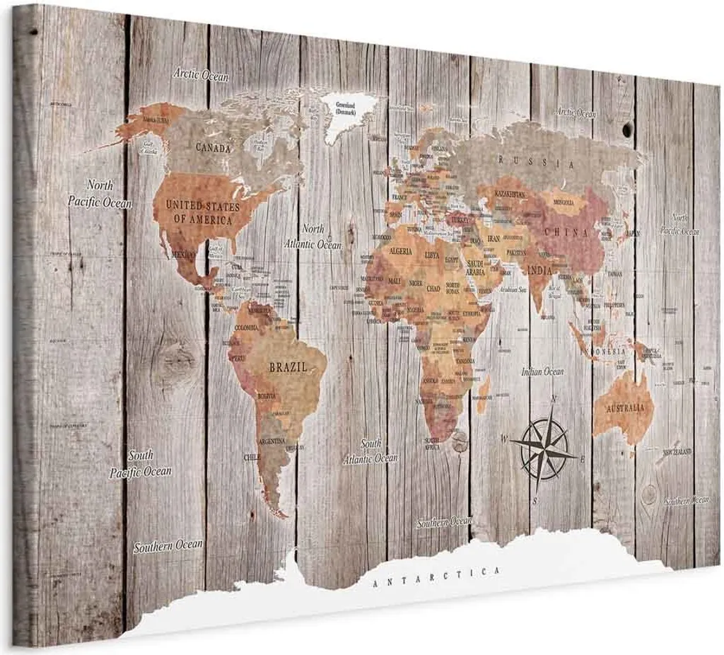 Mappa del Mondo Stile Legno 90x60 - Quadro Moderno TNT murando k-C-0050