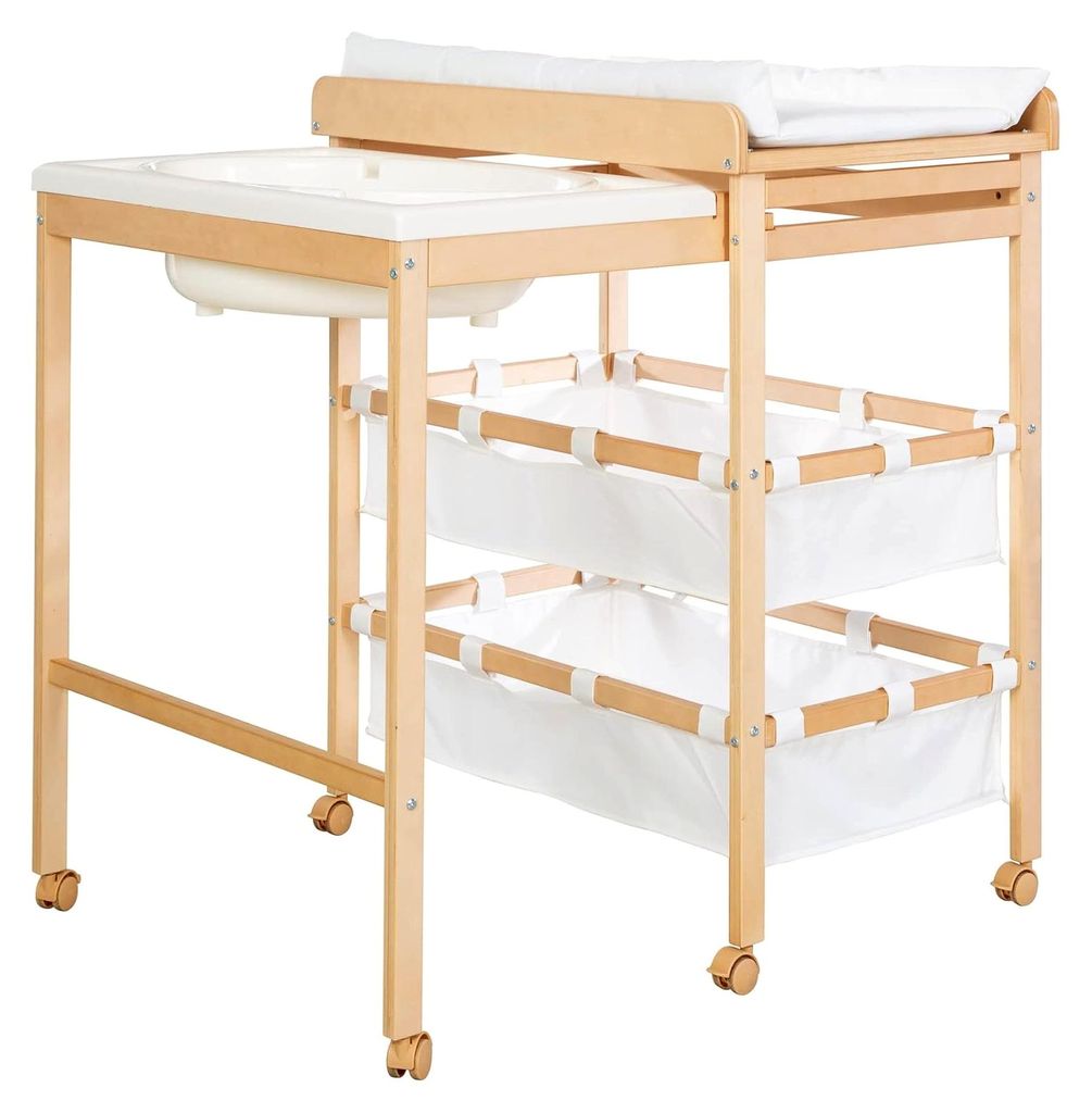 Bade-Wickel-Kombination für Babys - Ausziehbarer Wickeltisch mit integrierter Badewanne - Mobile Holz-Kombination in Natur - Inklusive Wickelaufla...