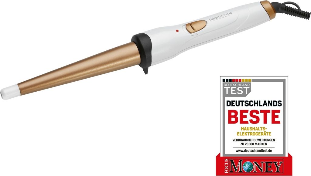 A white and gold conical curling iron is shown against a white background, with a marketing badge to the right.