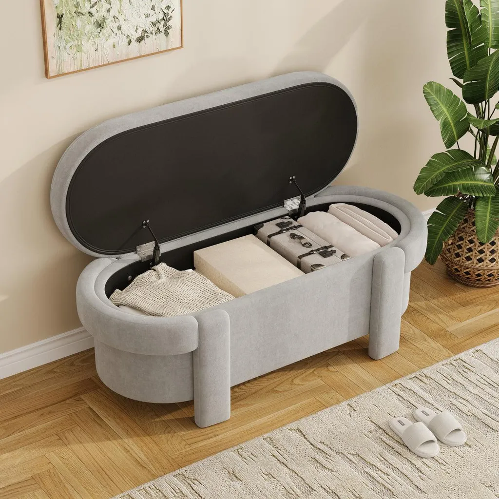 Banquette coffre aspect polaire gris 121,5 cm avec assise rembourrée douce