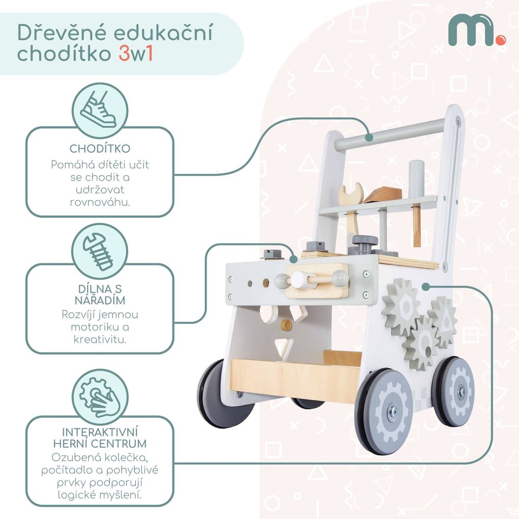 Dřevěné chodítko 3 v 1, odstrkovadlo + dílna - 47 prvků Obrázek produktu 2