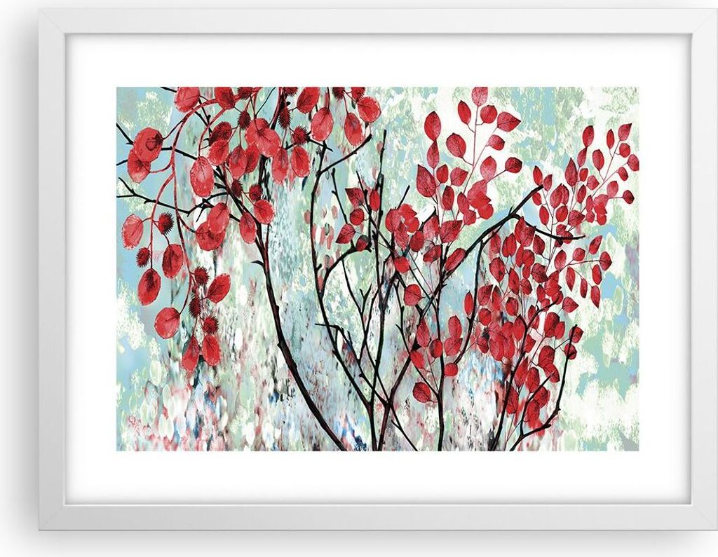 Gerahmtes Poster - Weißer Rahmen - Rot Blätter Zweige - 40x30 cm - Wand Bild - Wanddeko - Wandbilder - Kunstposter - Wandposter - Bilderrahmen - ...