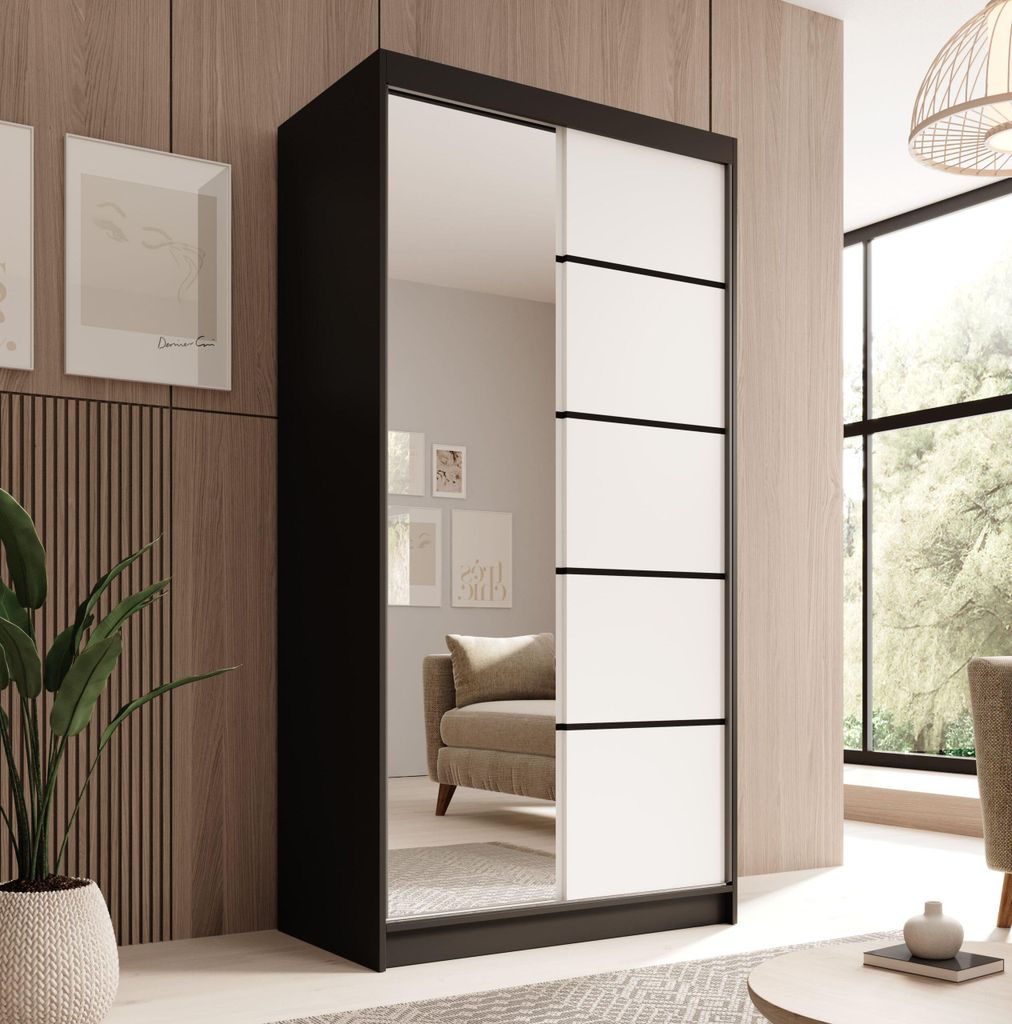 Schiebtürenschrank, Schwebetürenschrank 2-türig Schrank, Spiegeltür,Garderobe Schlafzimmer - Schiebetürenschrank FIORA 100 - Schwarz + Weiß