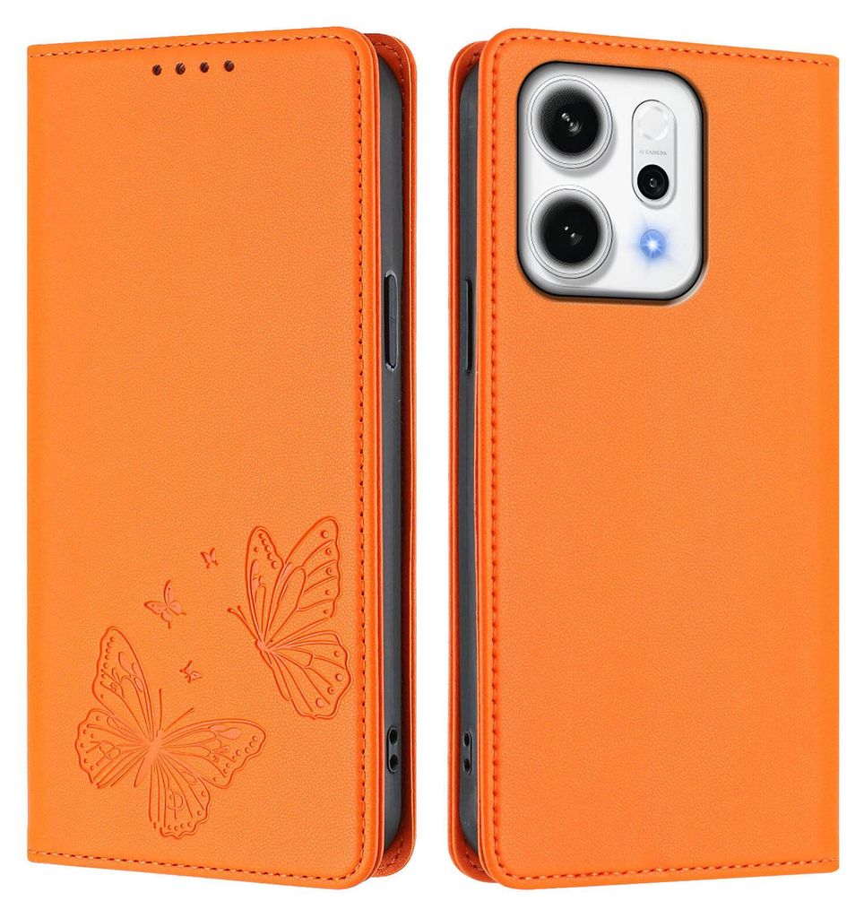Lederhülle für Oppo Reno14 /Reno14 F 5G, Schmetterling Prägung Leder Brieftasche Schutzhülle mit Ständer Orange
