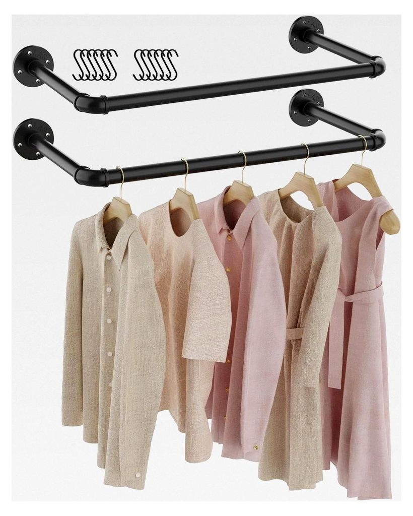 2er Set Kleiderstangen aus Industrierohr, 54 cm Wandkleiderständer, Garderobenhalter, Wandmontage Garderobenstange, DIY Garderobensystem, Schwarz