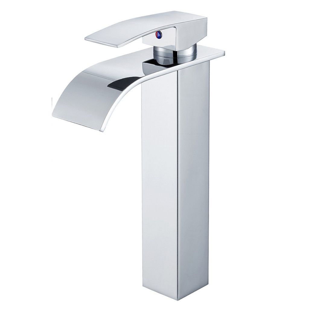 Waschtischarmatur, Hoch Wasserfall Wasserhahn, Waschbecken, Bad WC Edelstahl Armatur, für Aufsatzwaschbecken, Silber