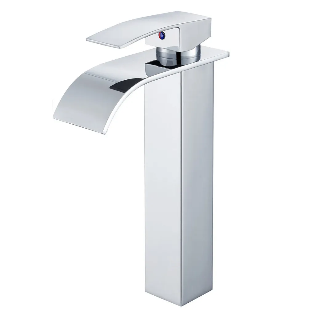 Robinet cascade haut pour lavabo à poser en acier inox argenté brossé
