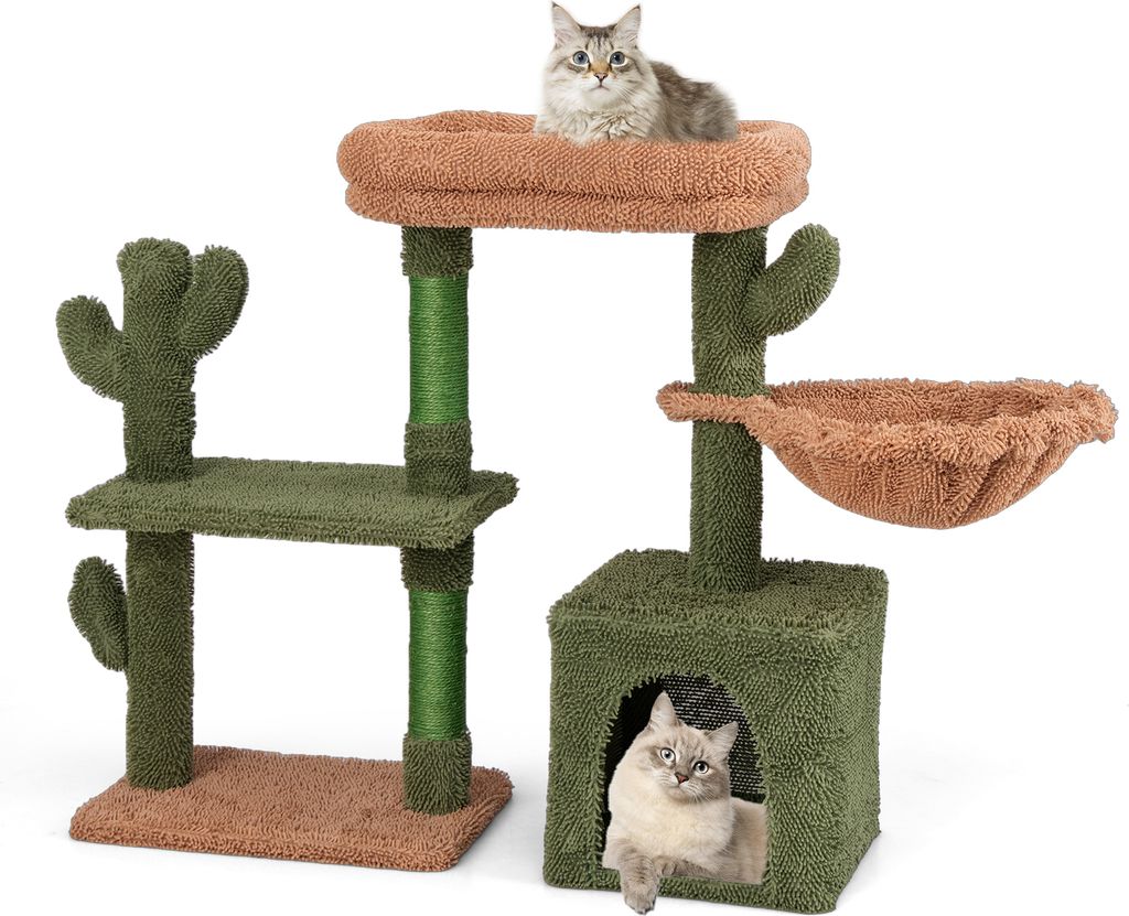 COSTWAY 81cm Kratzbaum Kaktus, Katzenbaum mit Plattformen, Hängematte, Katzenhöhle, Sisalpfosten & waschbarem Kissen Spielbaum Holz Grün, Braun